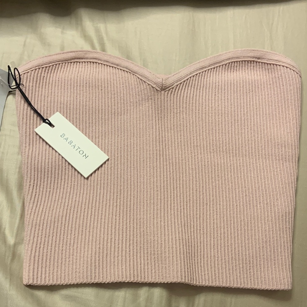 Babaton Light Pink Ribbed Strapless Sweetheart Crop Top